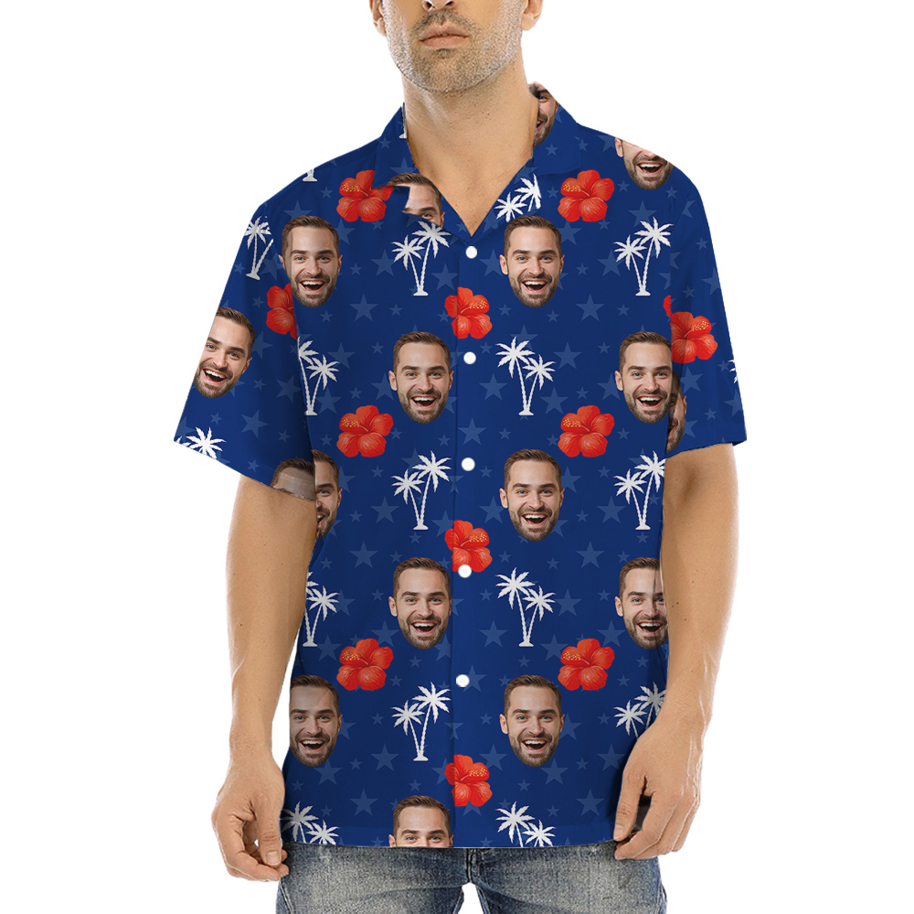 Custom Face Hibiscus 4th Of July Blue Hula Shirt - variant image 1