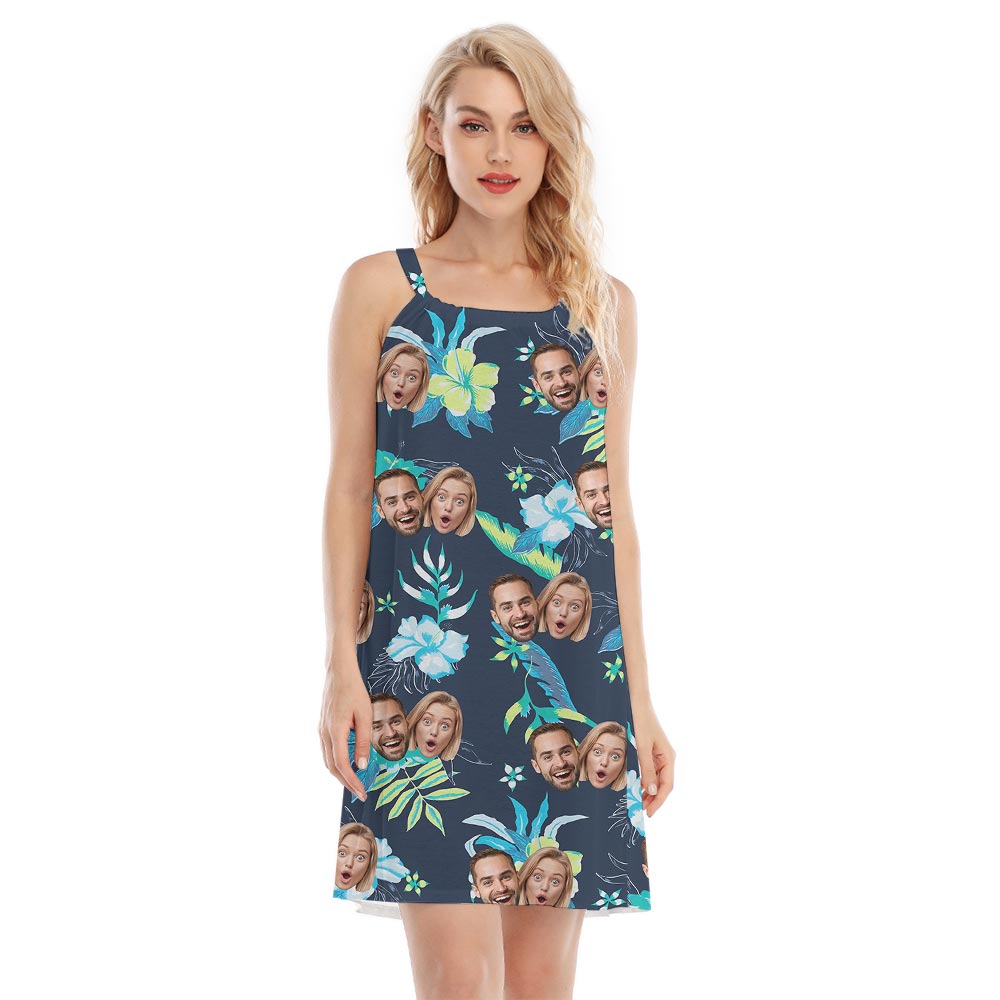 Navy Floral Cami Hawaiian Dress With Custom Couple Face - variant image 1