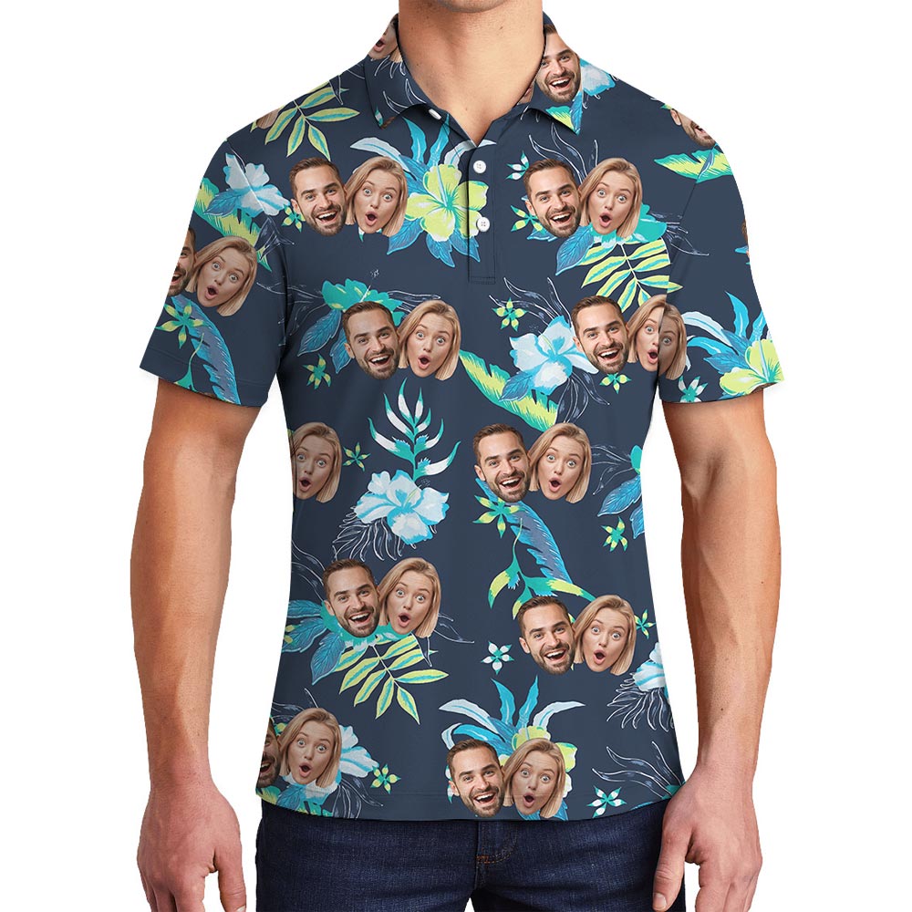 Custom 1-4 Faces Men's Floral Polo Shirt Navy - variant image 1