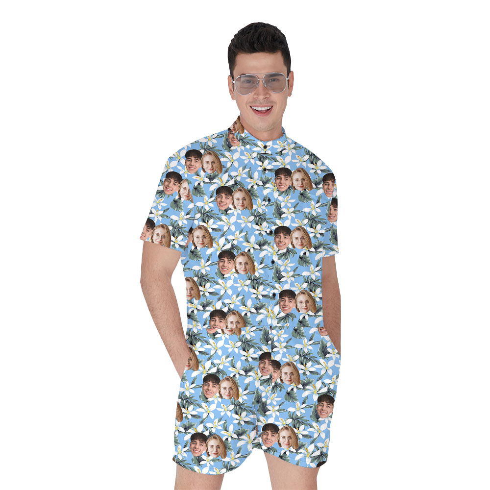 Floral Custom Face Hawaiian Romper In Blue - variant image 1