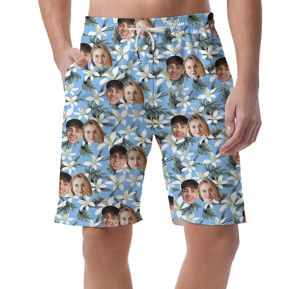 Blue And White Custom Men's Beach Shorts With Faces - variant image 1