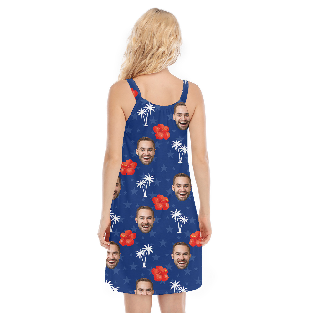 Custom Face 4th Of July Hibiscus Blue Hawaiian Cami Dress
