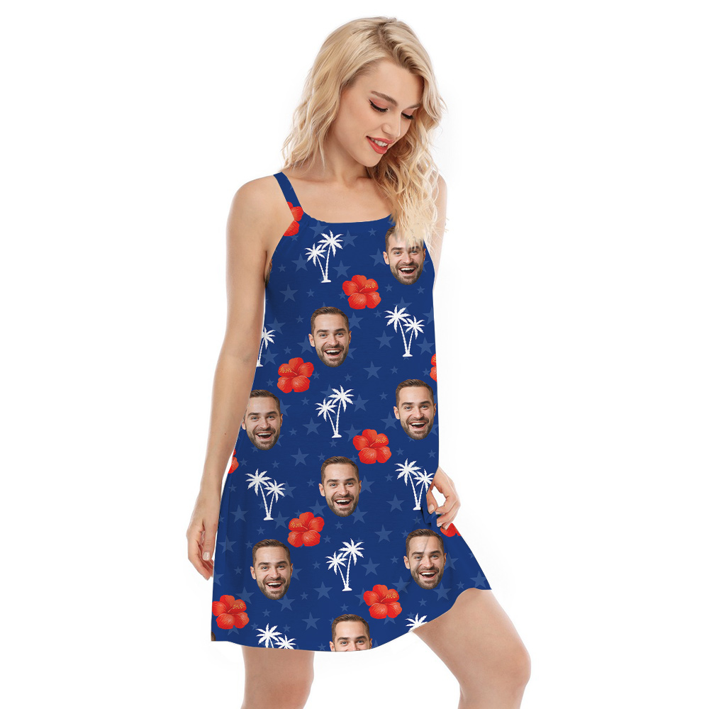 Custom Face 4th Of July Hibiscus Blue Hawaiian Cami Dress