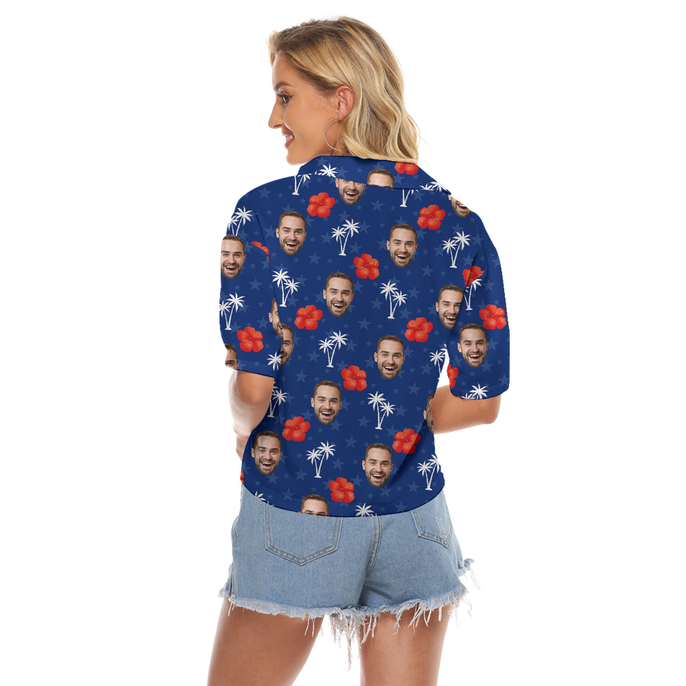 Custom Face Patriotic Hibiscus Hawaiian Crop Top Shirt For Women