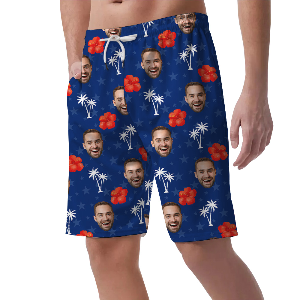 4th Of July Floral Blue Hawaiian Beach Shorts With Custom Face