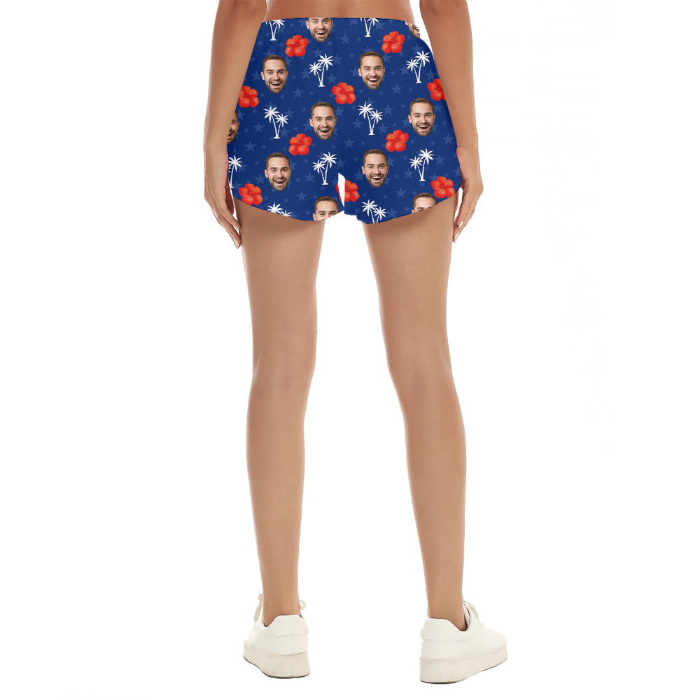Custom Face Patriotic Blue Floral Hawaiian Beach Shorts For Women