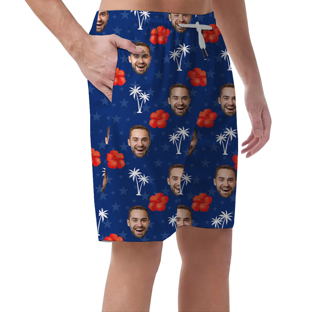 4th Of July Floral Blue Hawaiian Beach Shorts With Custom Face