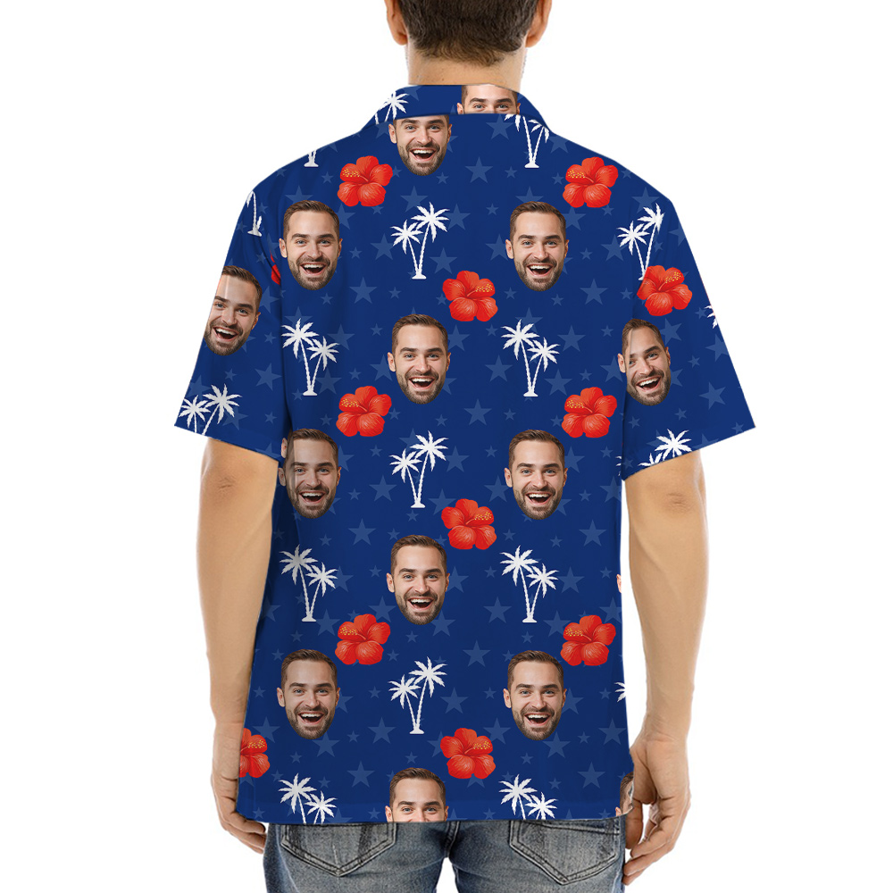 Custom Face Hibiscus 4th Of July Blue Hula Shirt