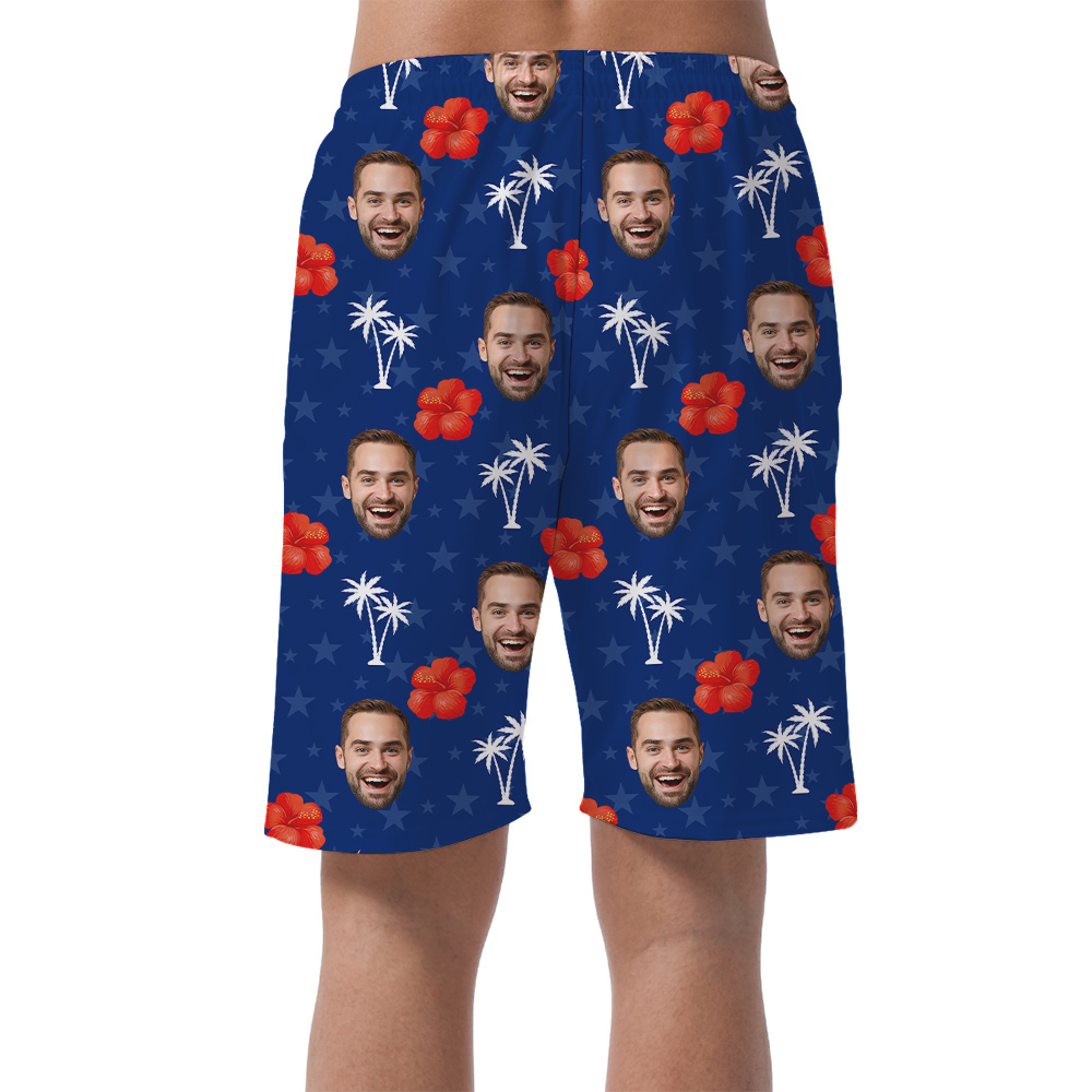 4th Of July Floral Blue Hawaiian Beach Shorts With Custom Face