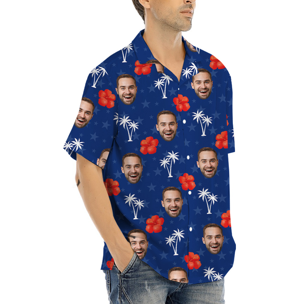 Custom Face Hibiscus 4th Of July Blue Hula Shirt