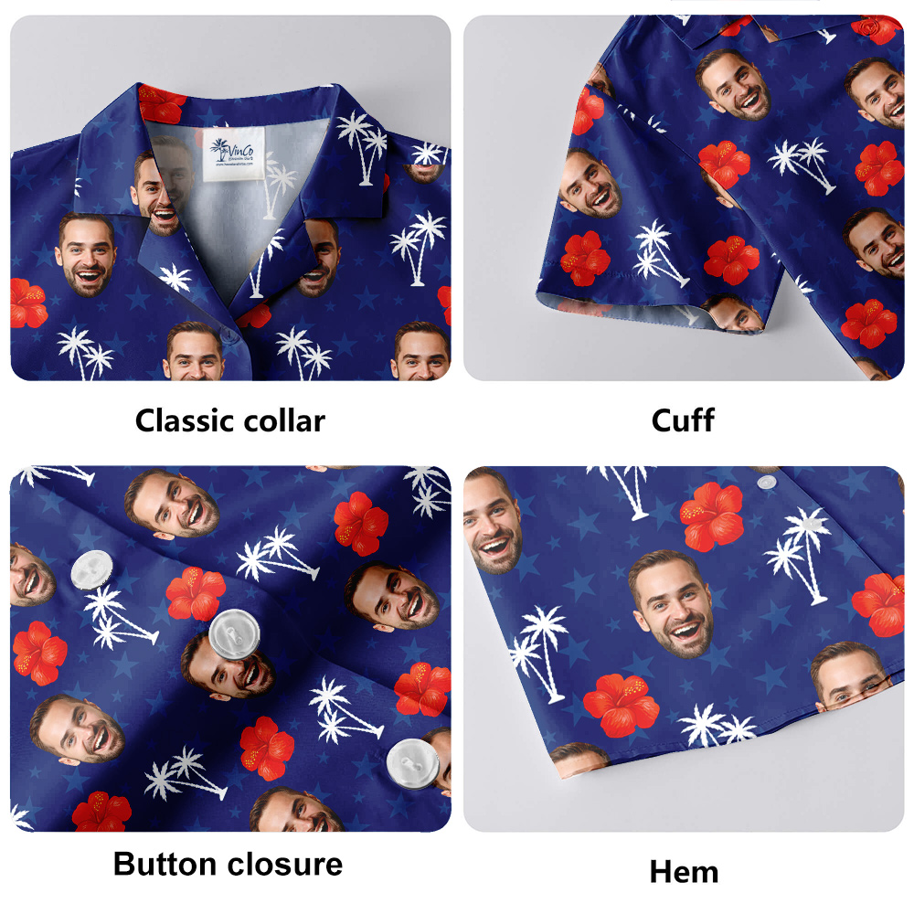 Custom Face Hibiscus 4th Of July Blue Hula Shirt