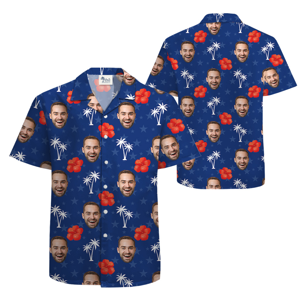 Custom Face Hibiscus 4th Of July Blue Hula Shirt