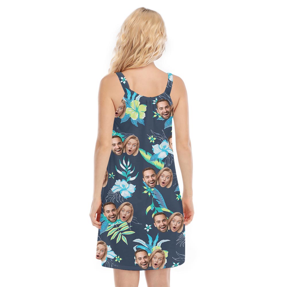 Navy Floral Cami Hawaiian Dress With Custom Couple Face