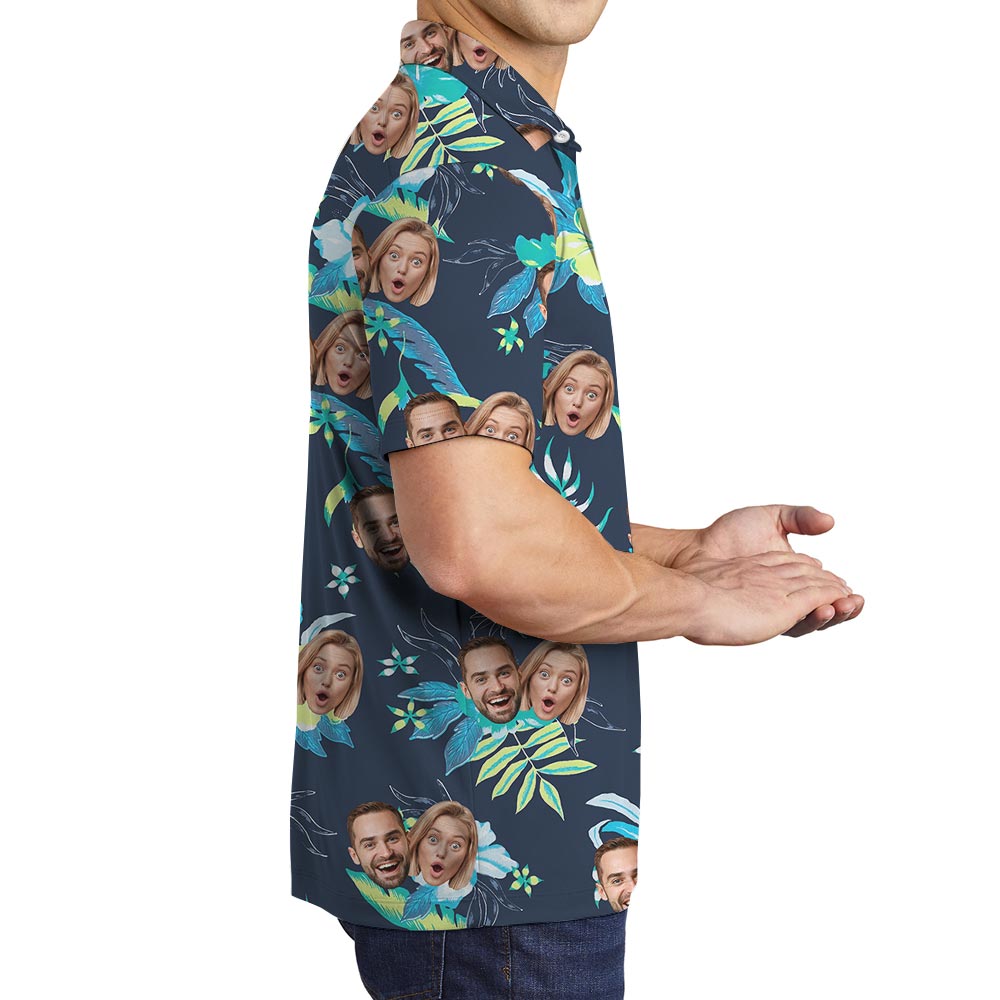 Custom 1-4 Faces Men's Floral Polo Shirt Navy
