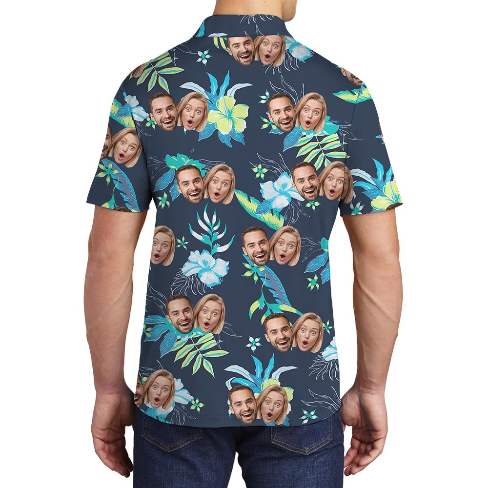 Custom 1-4 Faces Men's Floral Polo Shirt Navy
