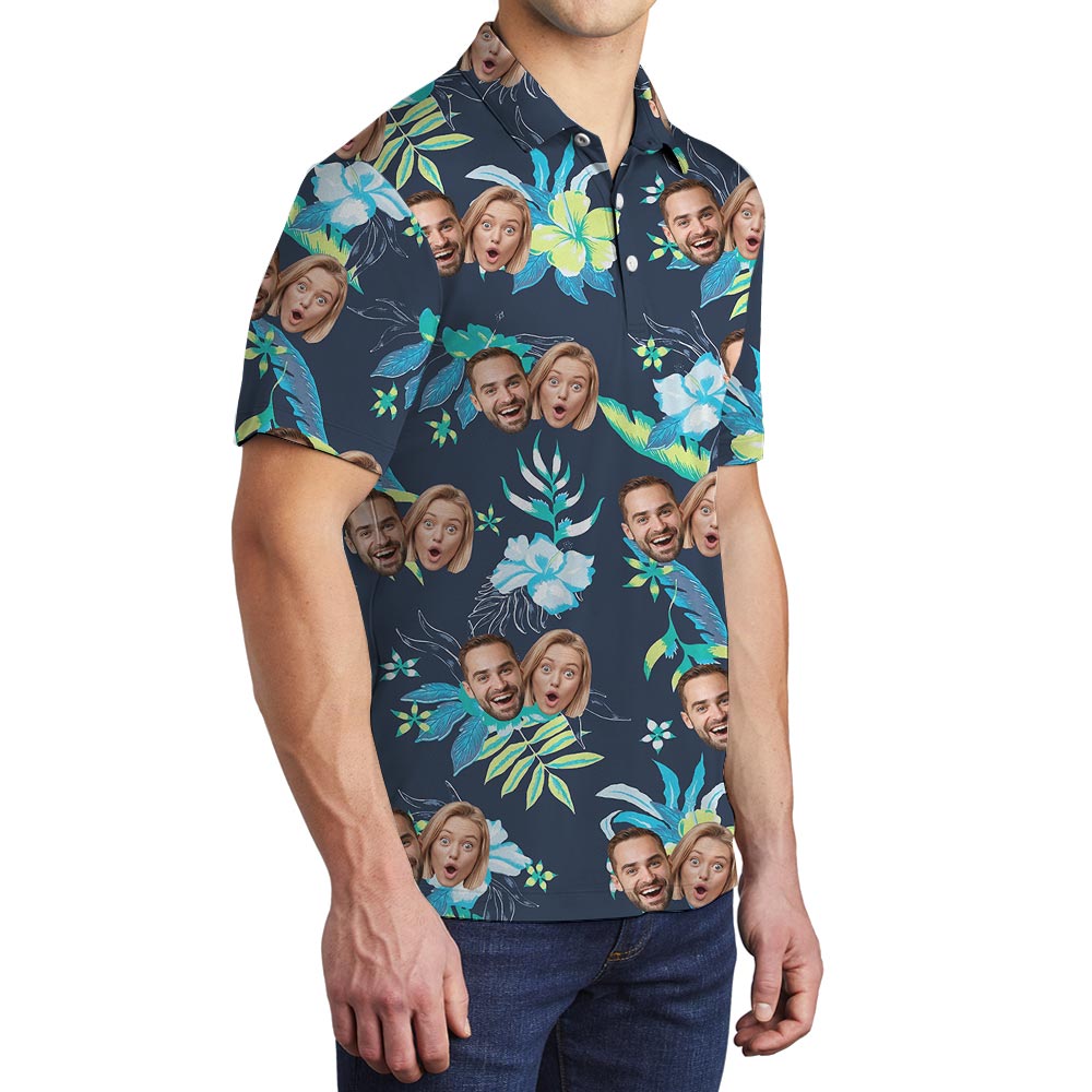 Custom 1-4 Faces Men's Floral Polo Shirt Navy