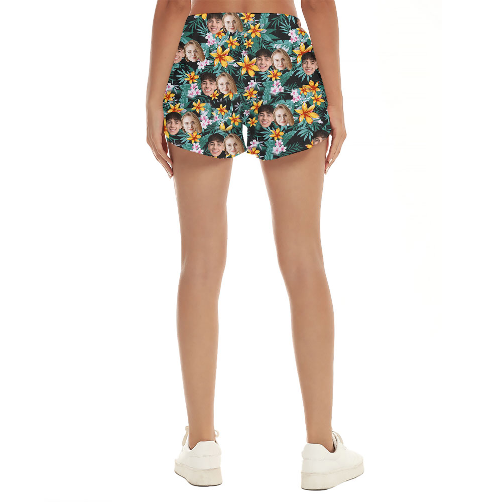 Custom 1-4 Photo Green Floral Hawaiian Shorts For Women