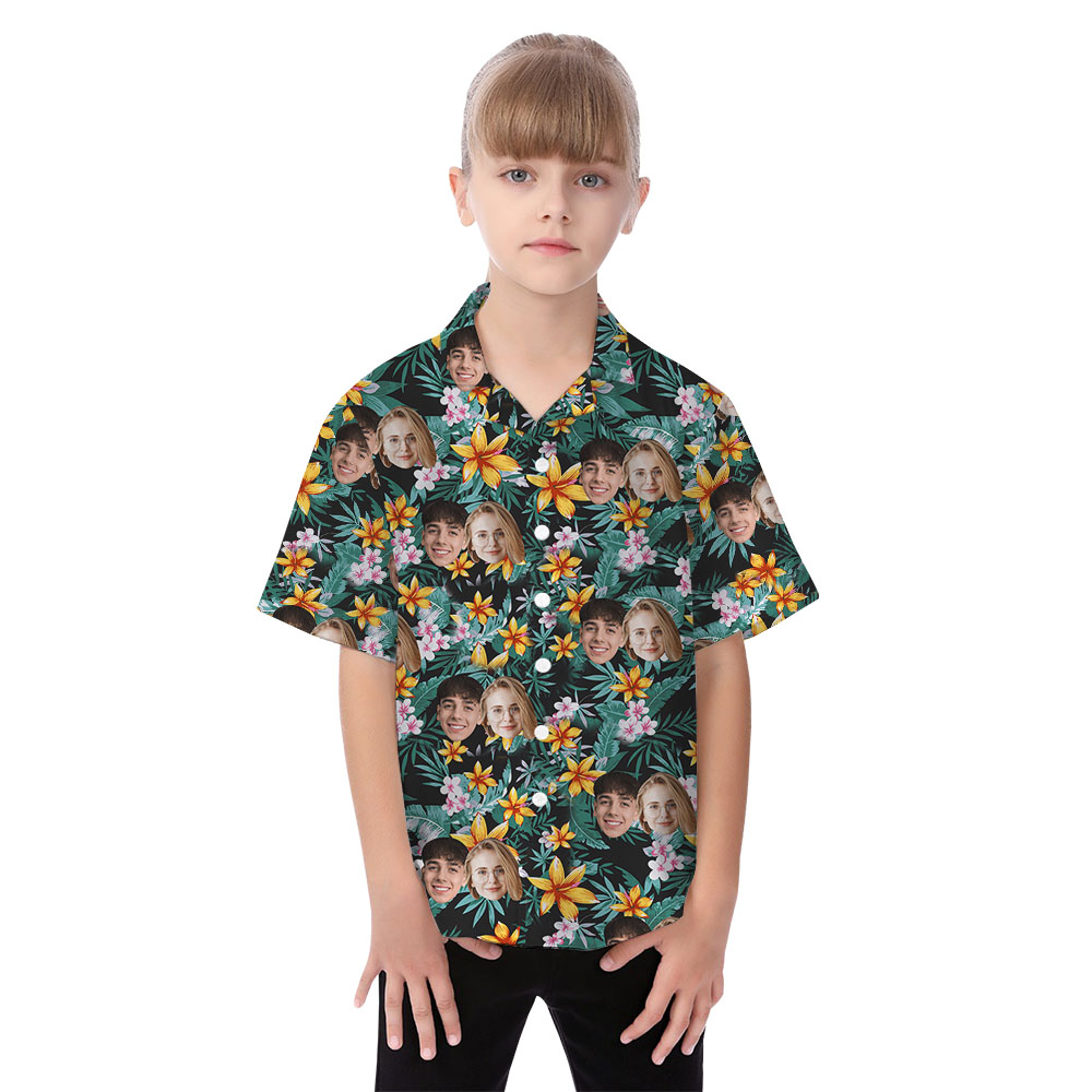 Matching Hawaiian Shirt With Face And Floral Tropical Green