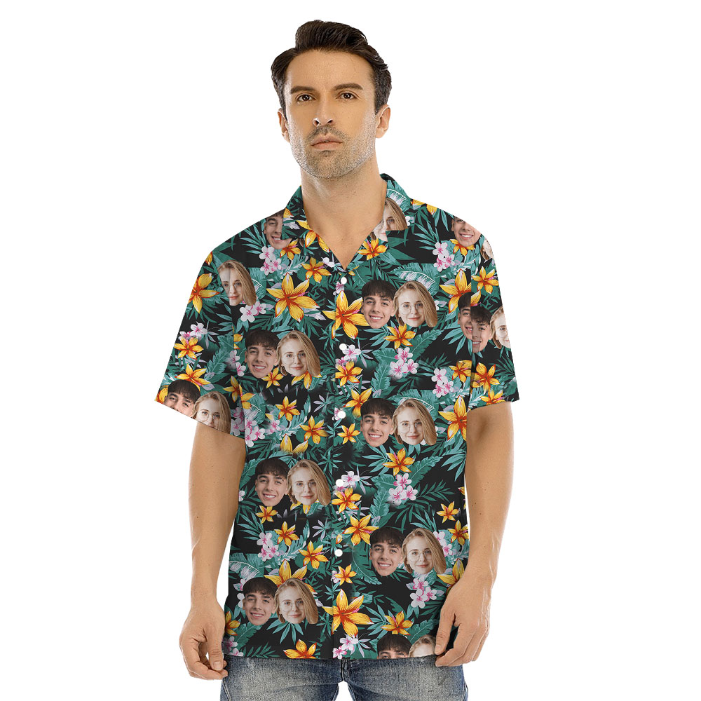 Matching Hawaiian Shirt With Face And Floral Tropical Green