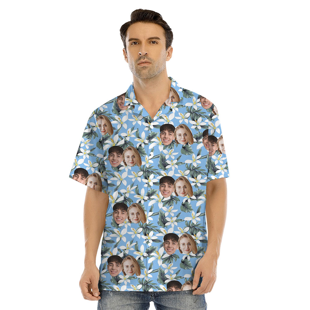 Personalized Photo Blue And White Matching Hawaiian Outfit For Family