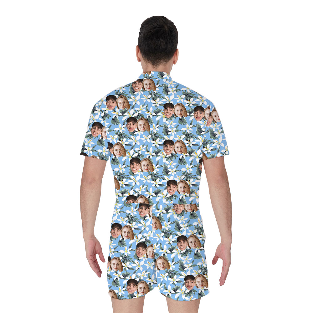 Floral Custom Face Hawaiian Romper In Blue
