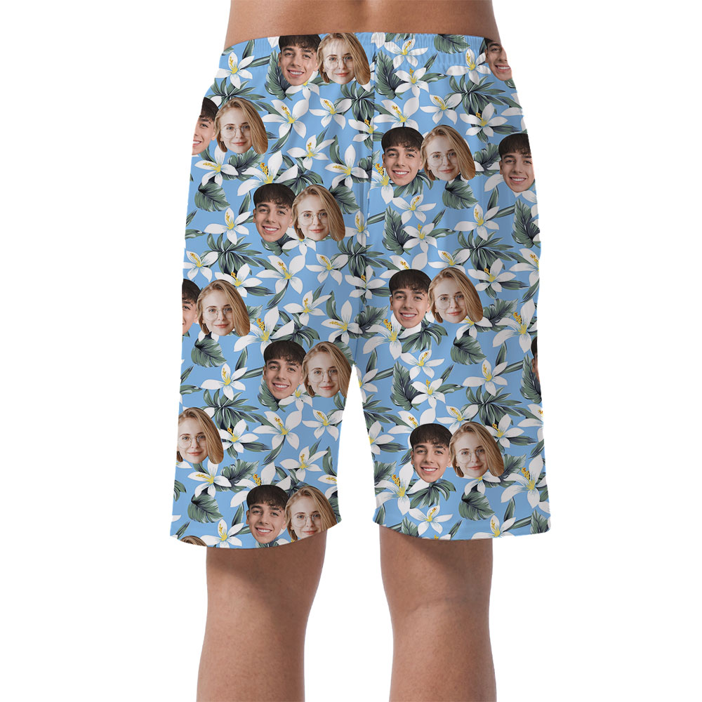 Blue And White Custom Men's Beach Shorts With Faces