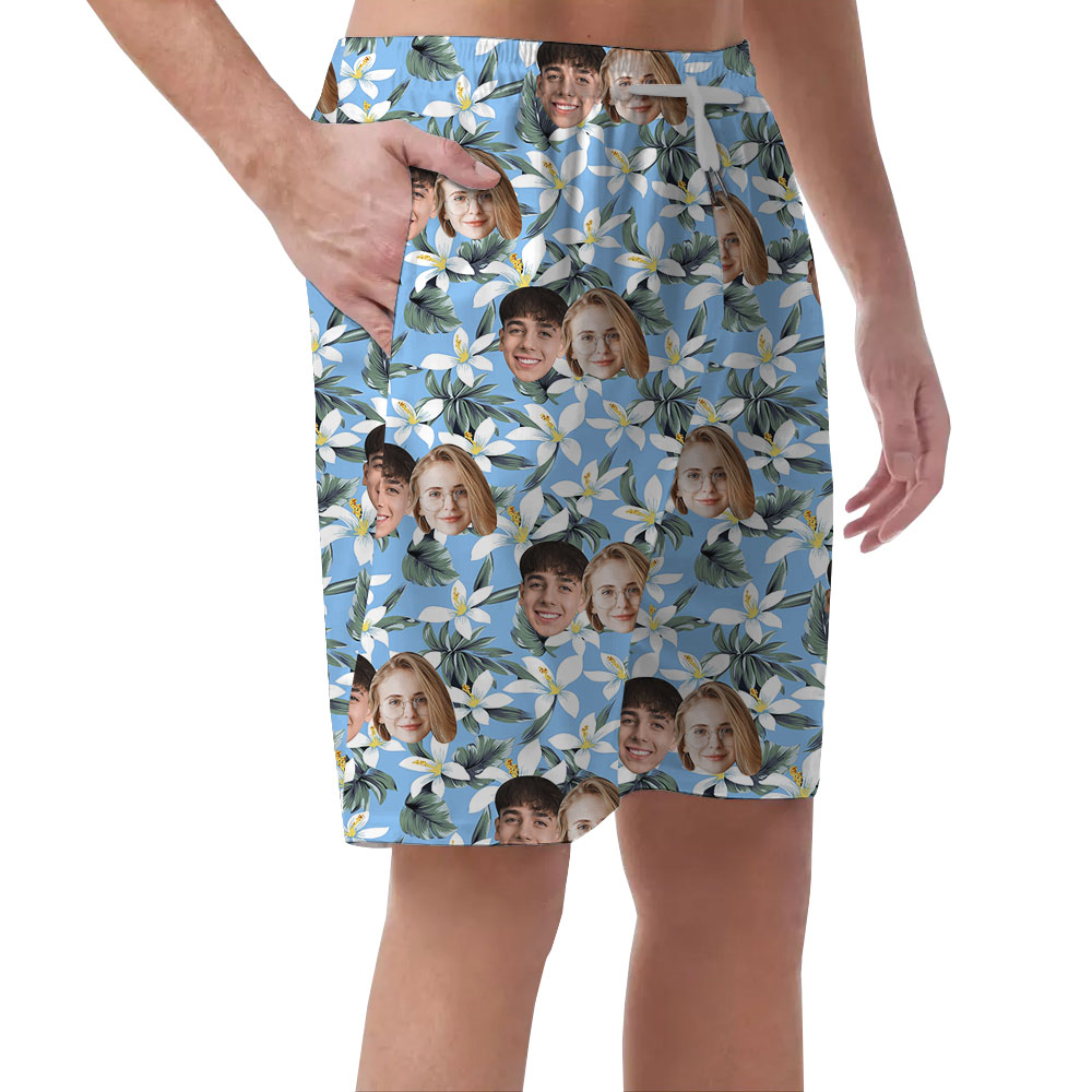 Blue And White Custom Men's Beach Shorts With Faces