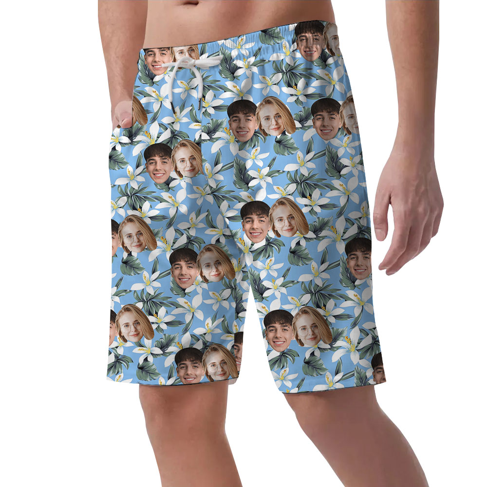 Blue And White Custom Men's Beach Shorts With Faces