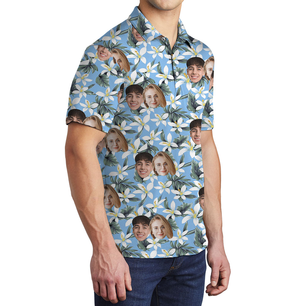 Blue Floral Collared Golf Shirt For Male