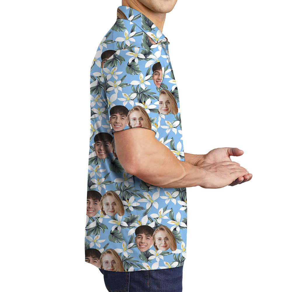 Blue Floral Collared Golf Shirt For Male