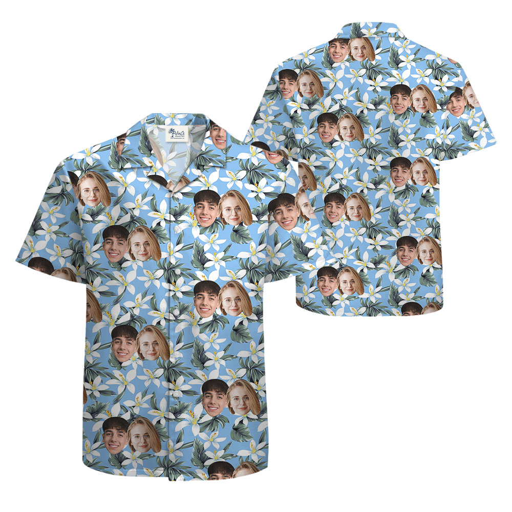 White And Blue Hawaiian Shirt With Custom Face