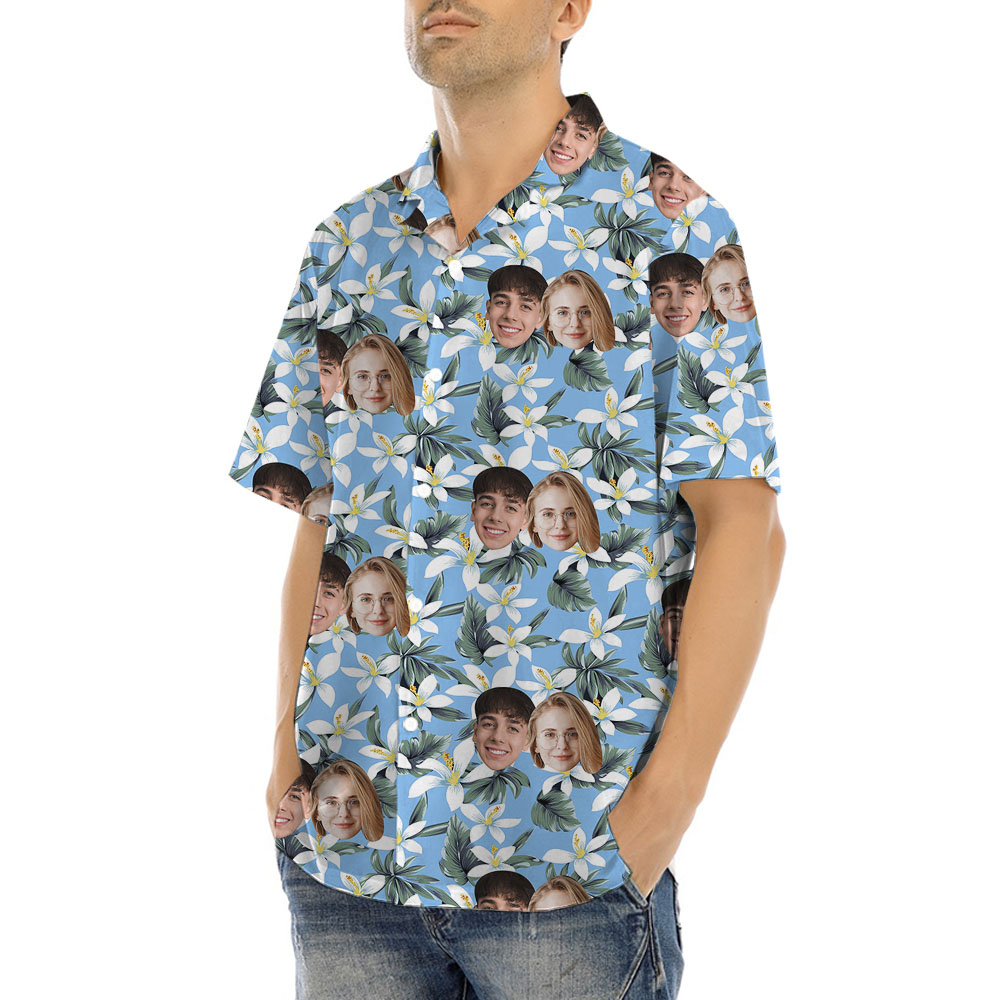 White And Blue Hawaiian Shirt With Custom Face