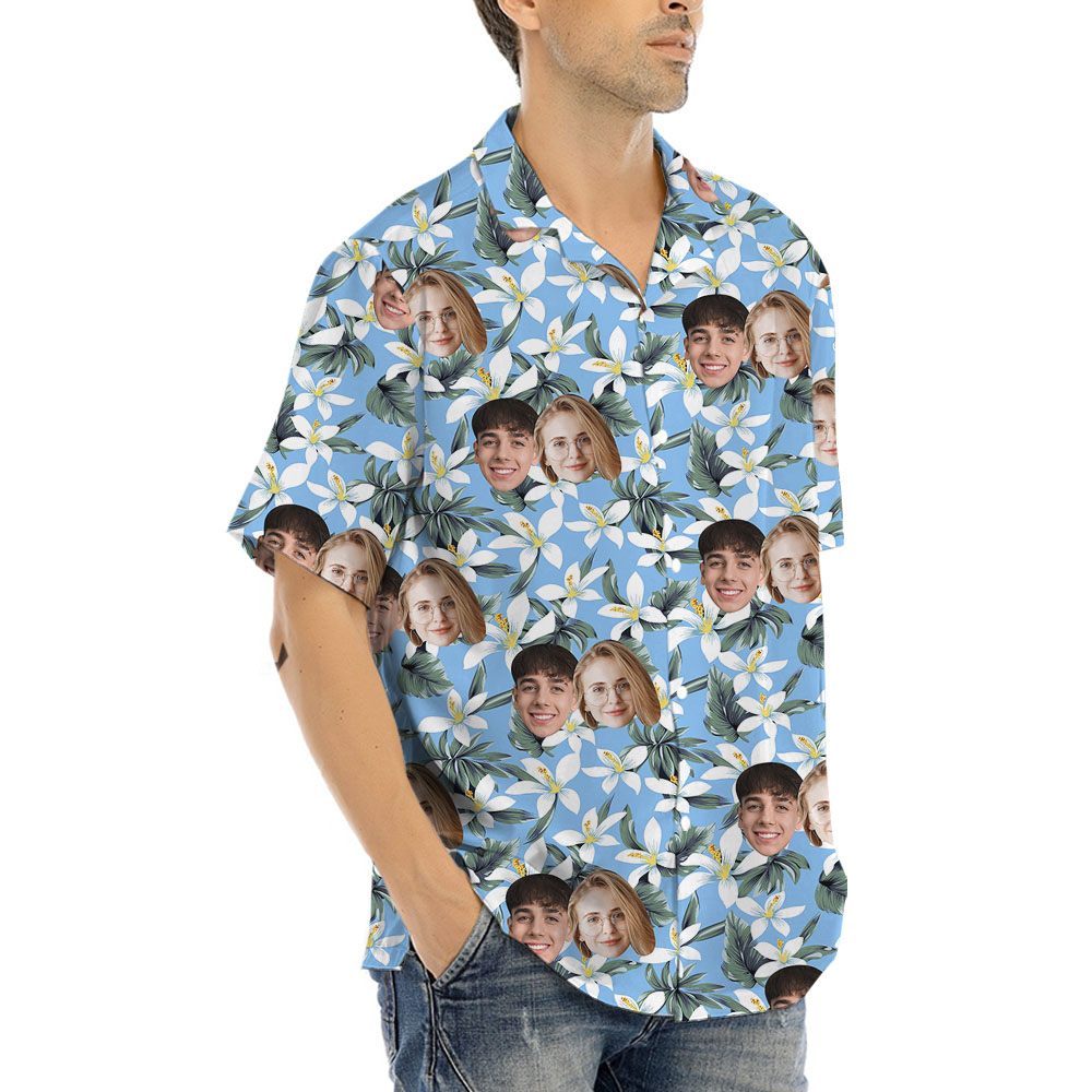 White And Blue Hawaiian Shirt With Custom Face