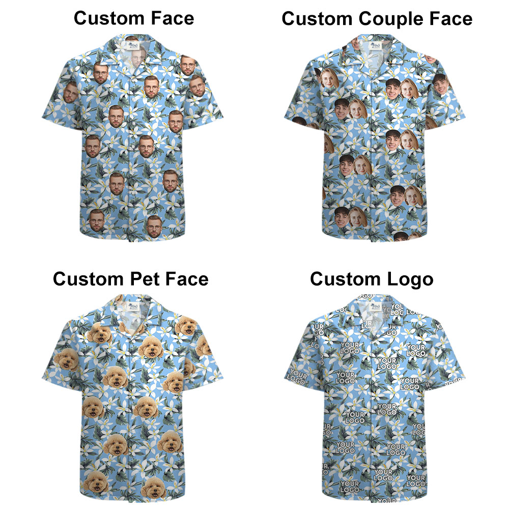 White And Blue Hawaiian Shirt With Custom Face