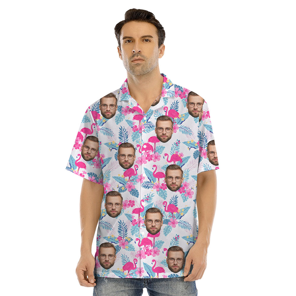Custom Up to 4 Faces Flamingo Pink Hawaiian Shirt For Family