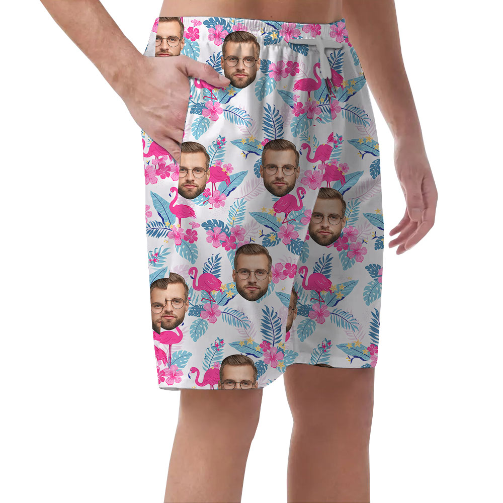 Custom Flamingo Flock Men's Hawaiian Shorts With Faces