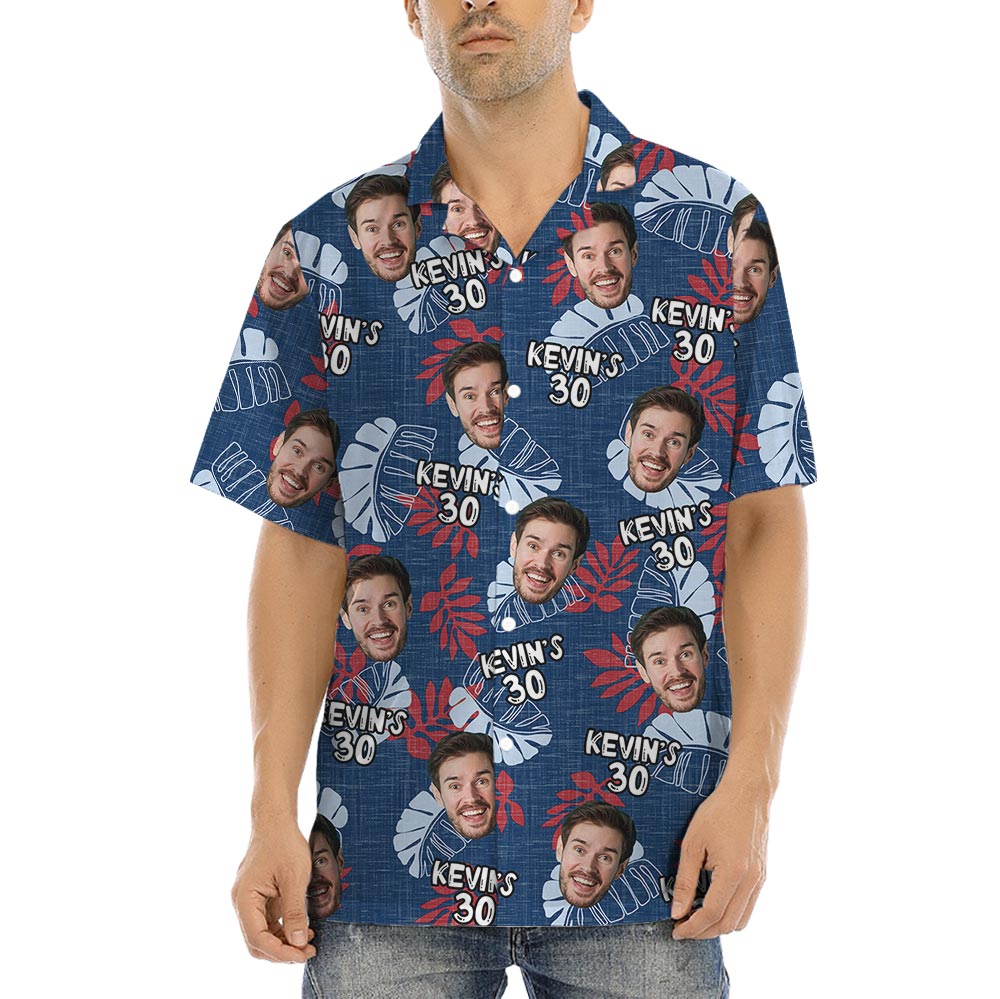 Navy Men's Birthday Hawaiian Shirt With Face And Age - variant image 1