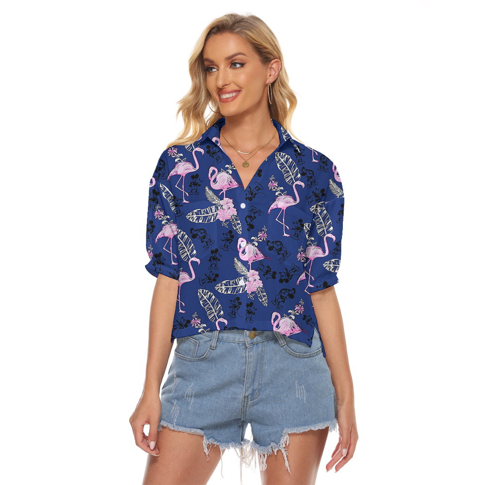 Floral Mickey Steamboat Willie Flamingo Navy Women's Cropped Shirt - variant image 1