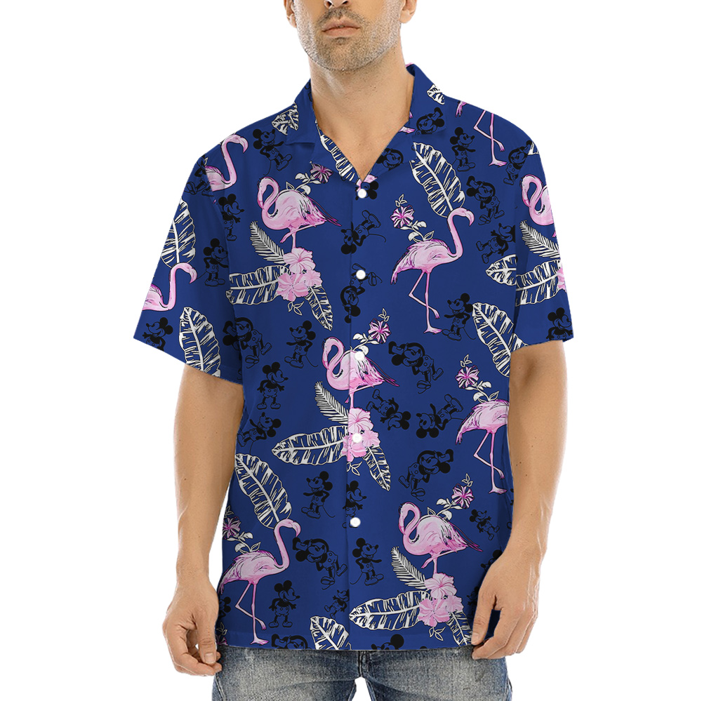 Floral Flamingo Mickey Steamboat Willie Navy Hawaiian Shirt - variant image 1