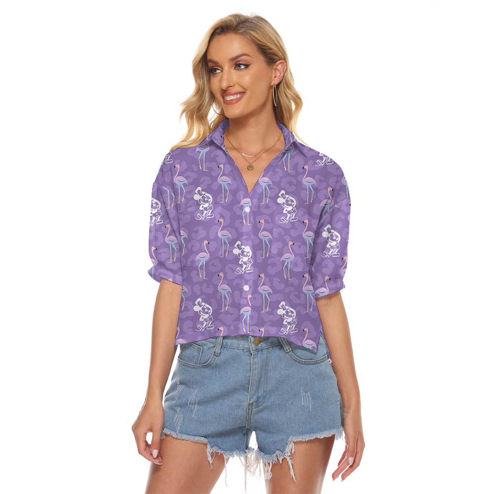 Steamboat Willie Mickey Flamingo Purple Hawaiian Crop Top Shirt - variant image 1