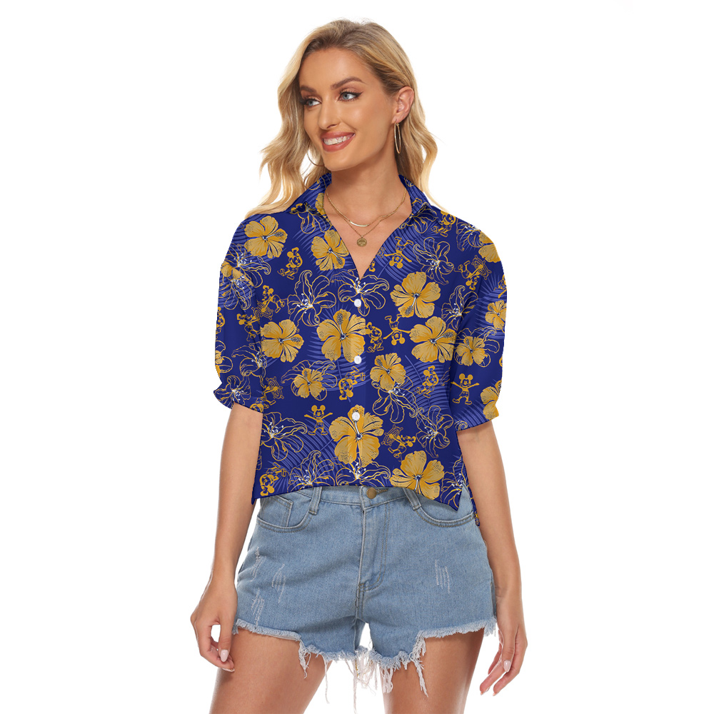Floral Mickey Steamboat Willie Women's Navy Cropped Shirt - variant image 1