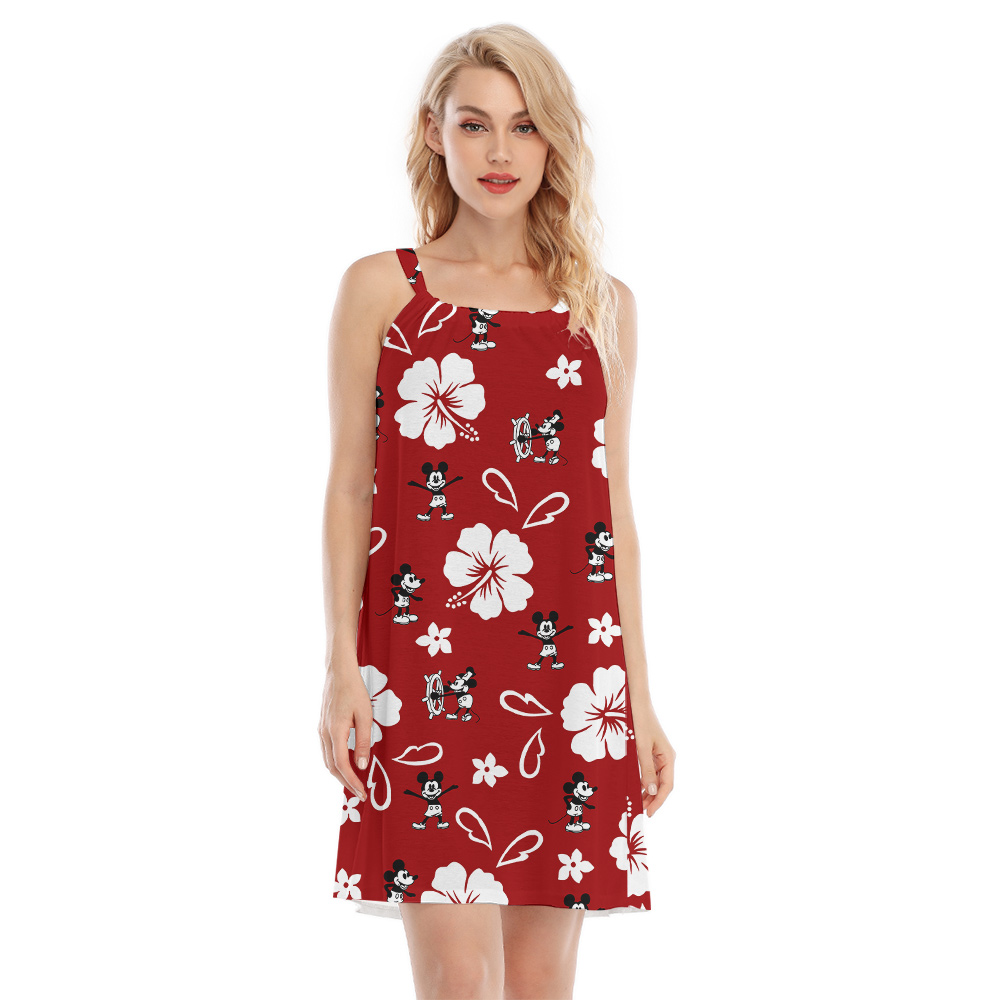 Cute Mickey Steamboat Willie Movie Classic Hibiscus Red Aloha Dress - variant image 1