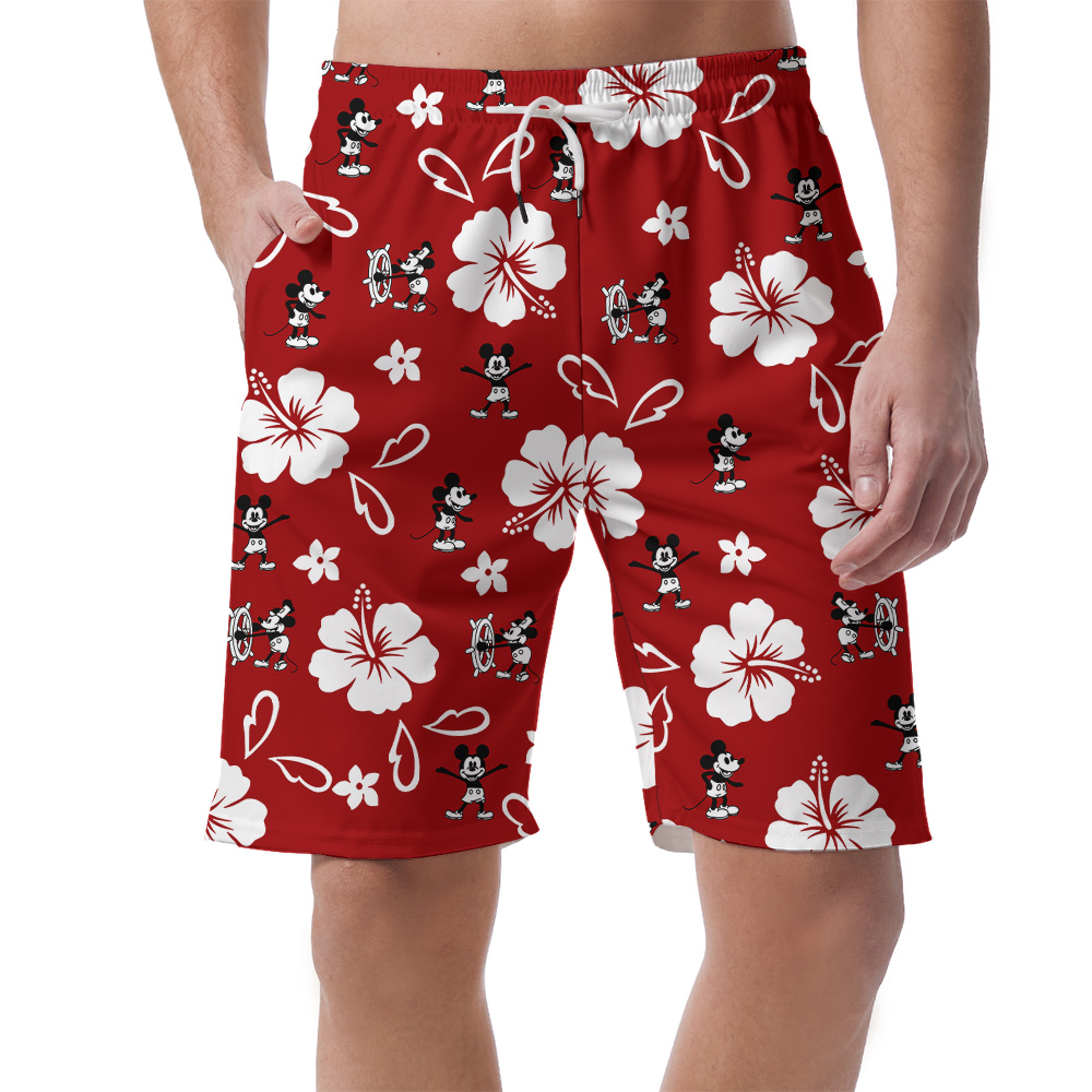 Hibiscus Mickey Steamboat Willie Classic Red Hawaiian Beach Shorts For Men - variant image 1