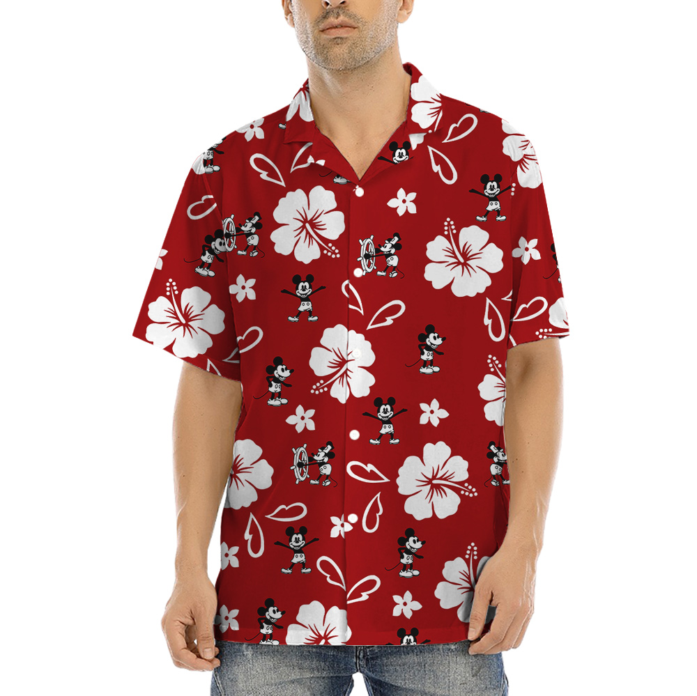 Classic Hibiscus Steamboat Willie Mickey Red Hula Shirt - variant image 1