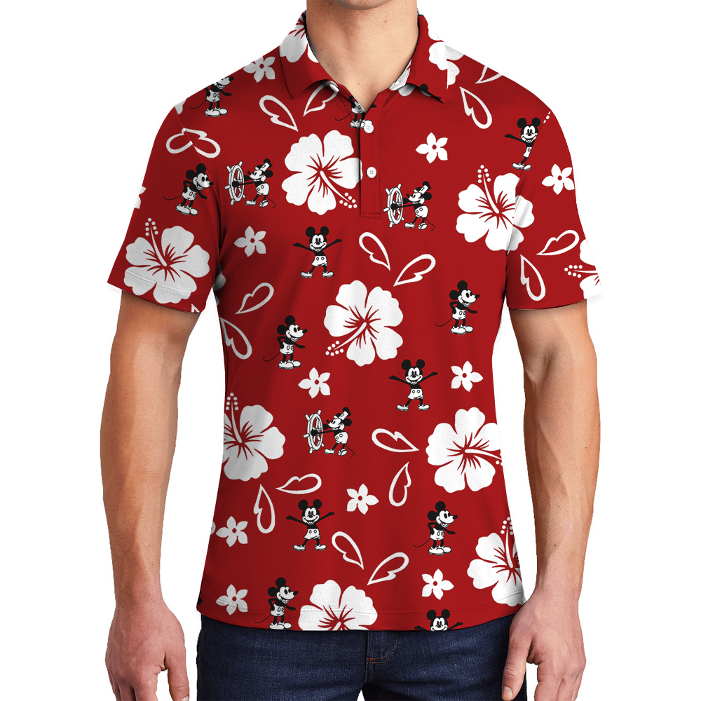 Vintage Mickey Steamboat Willie Red Hibiscus Men's Polo Shirt - variant image 1