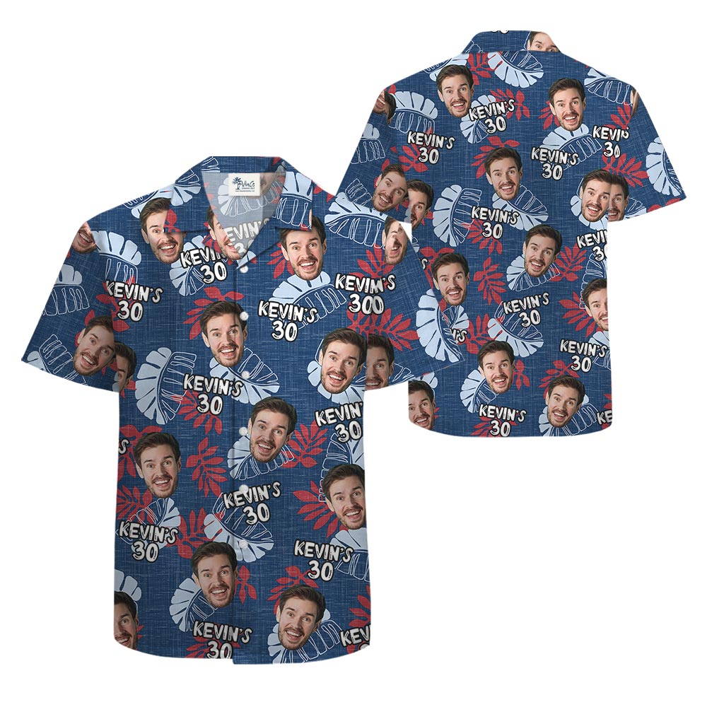Navy Men's Birthday Hawaiian Shirt With Face And Age
