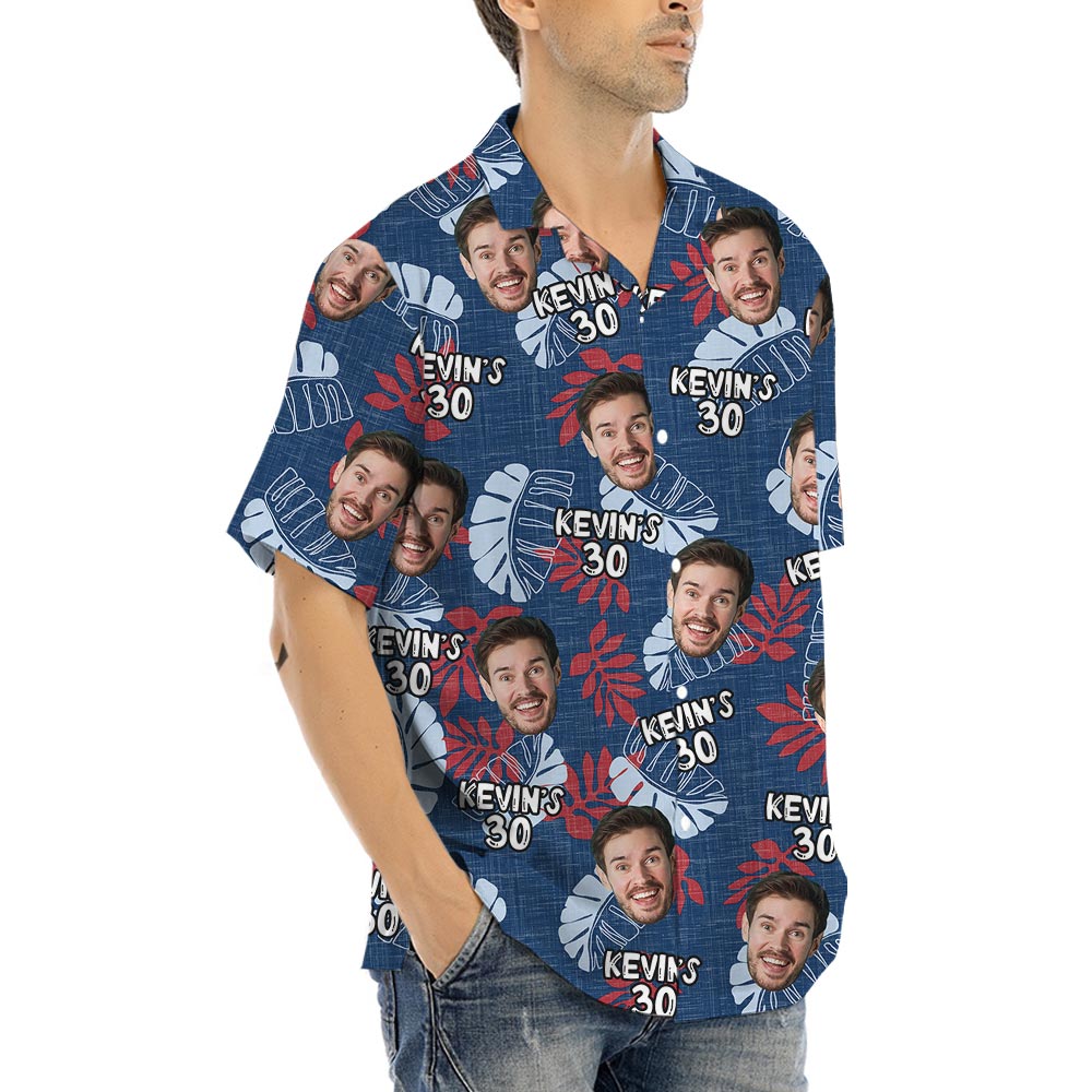 Navy Men's Birthday Hawaiian Shirt With Face And Age