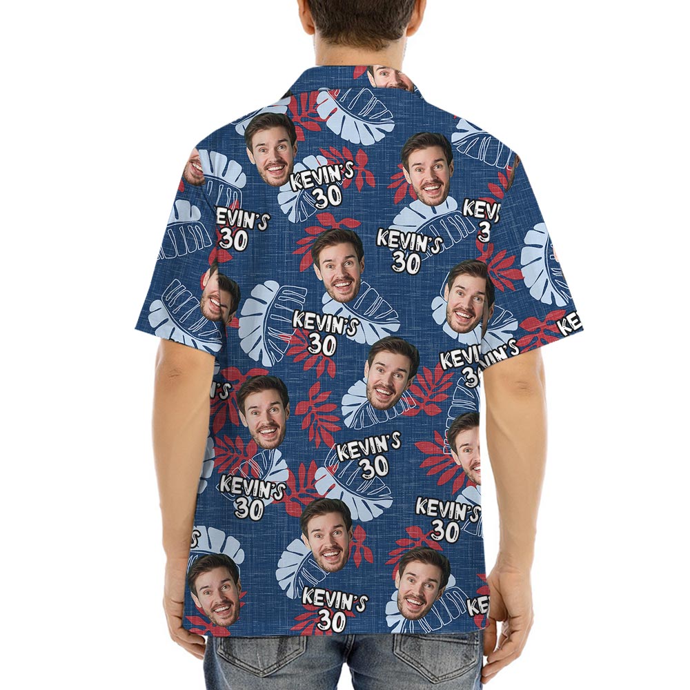Navy Men's Birthday Hawaiian Shirt With Face And Age