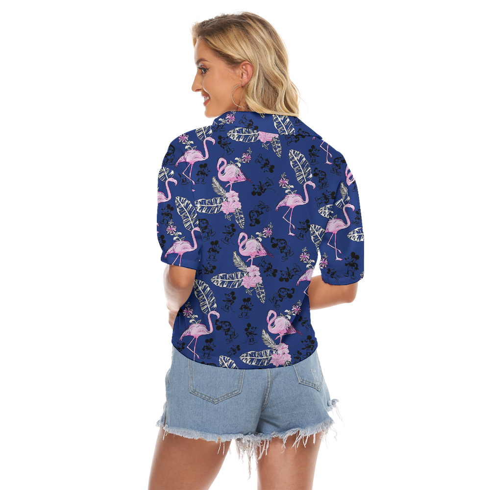 Floral Mickey Steamboat Willie Flamingo Navy Women's Cropped Shirt