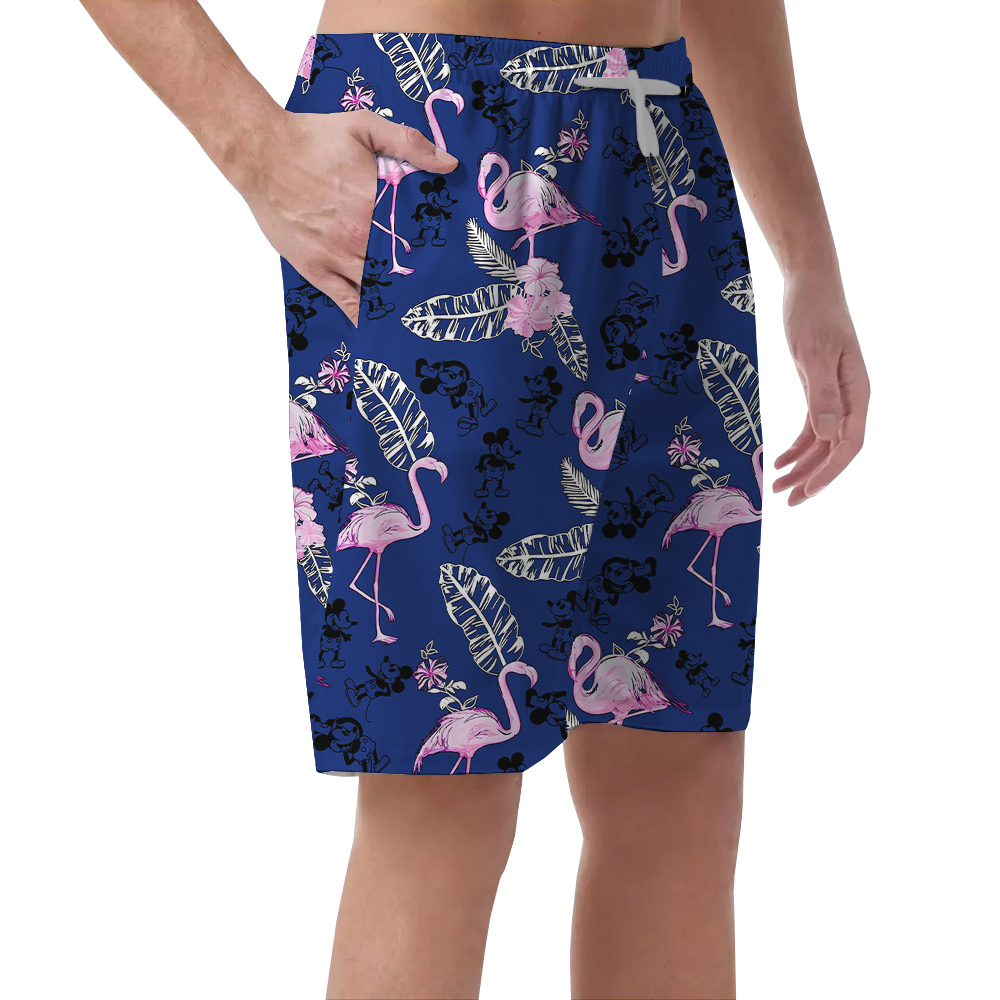 Cute Mickey Steamboat Willie Flamingo Navy Beach Shorts For Men